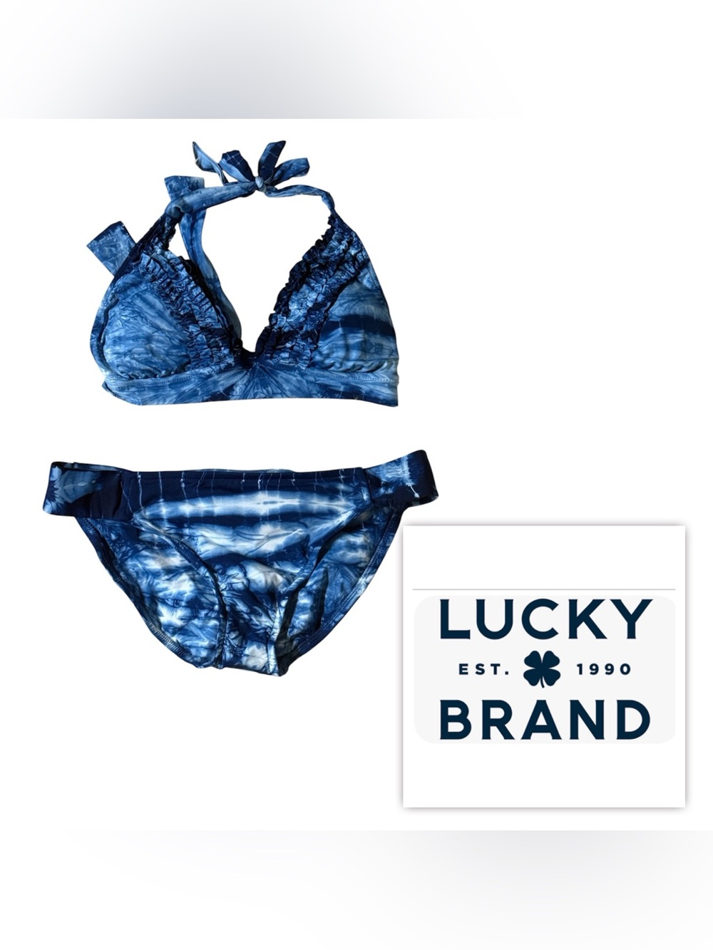 NWOT Lucky Brand Women M Navy White Tie-Dye Bikini Set Swimwear Top & Bottom